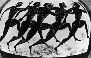 Corredores de los Juegos Olímpicos de la antigua Grecia, pintados en una vasija de 525 a.C.